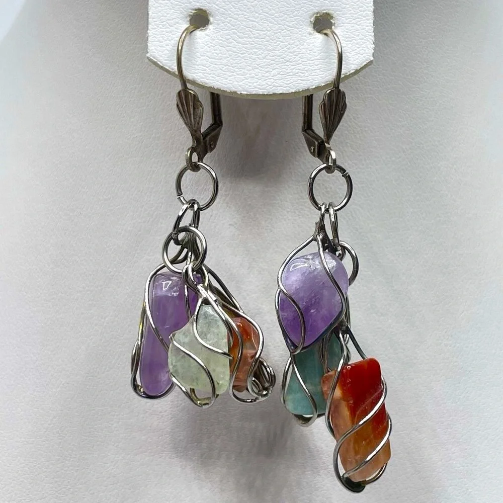 Artisan Wire Wrap Multi Gemstone Dangle Lever Back Earrings Silver Tone Boho